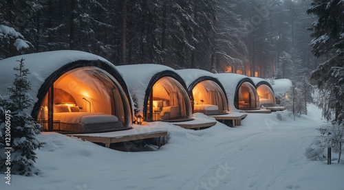 Unique winter accommodations nestled in snowy forest landscape