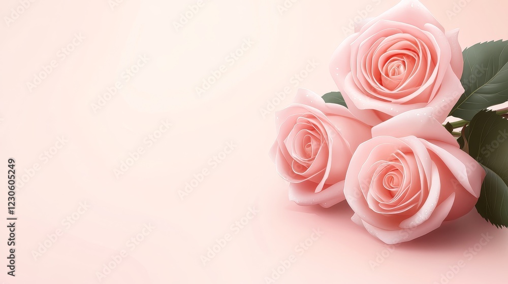 Three delicate pink rose arranged elegantly on a soft pastel background, symbolizing beauty and love Three delicate pink rose arranged elegantly on a soft pastel background, symbolizing beauty and love