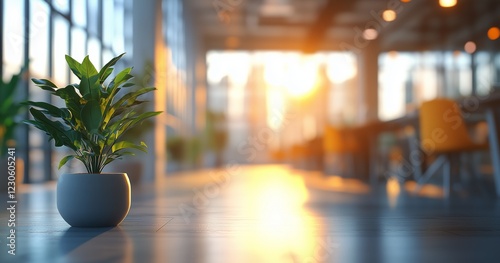 Sunlight streaming through glass windows illuminates a potted plant in a mode...