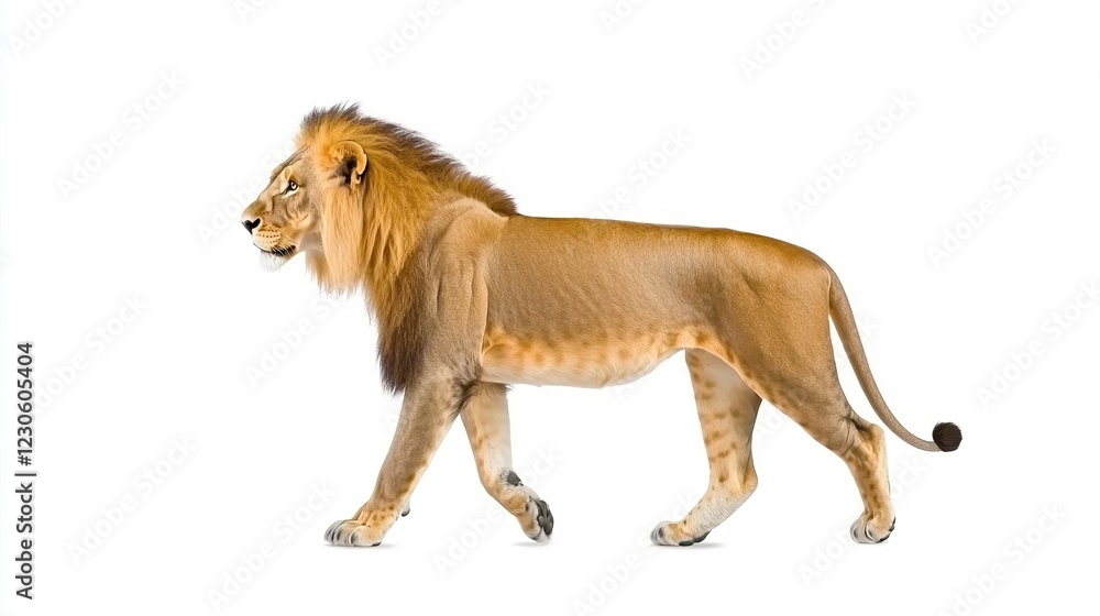 Obraz premium Majestic Lion Walking Gracefully Against White Background