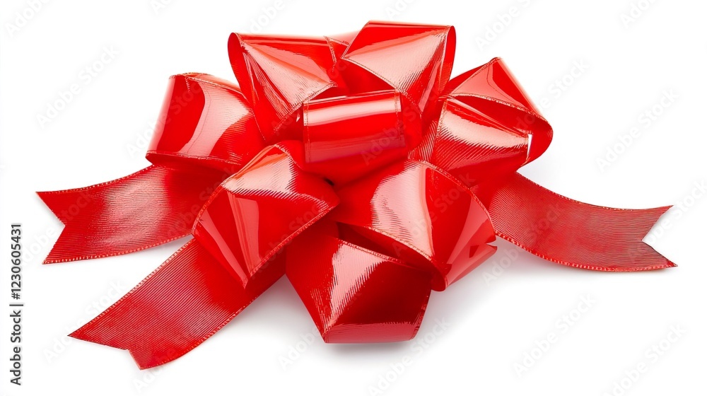 Vibrant Red Gift Bow with Ribbons on White Background Vibrant Red Gift Bow with Ribbons on White Background
