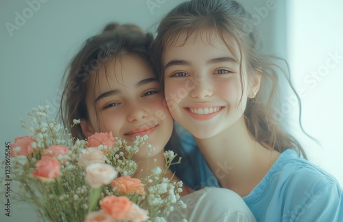 Twin sisters smiling together with a bouquet of flowers in a soft, light-fill...