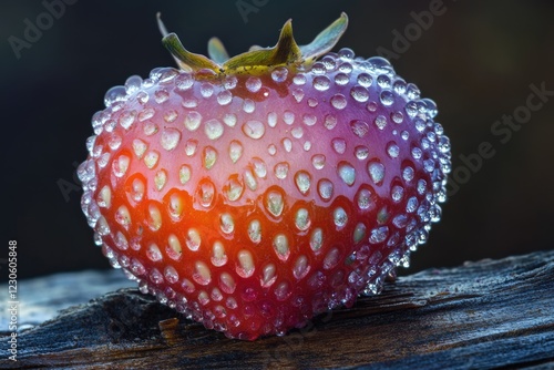 Dew-covered strawberry resting on dark wood, showcasing vibrant color and texture. photo