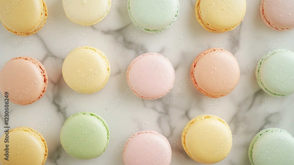 Pastel-colored macarons arranged on a marble surface. Pastel-colored macarons arranged on a marble surface.