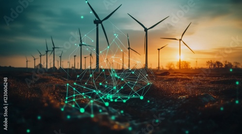 Wind turbines generate renewable energy at sunset with digital network overla...