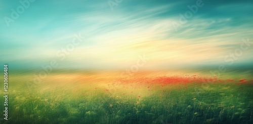 Vibrant spring landscape with colorful wildflowers under a serene sky