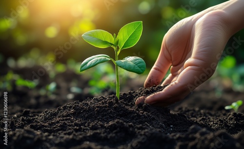 Hand planting a young seedling in dark soil during golden hour at a garden
