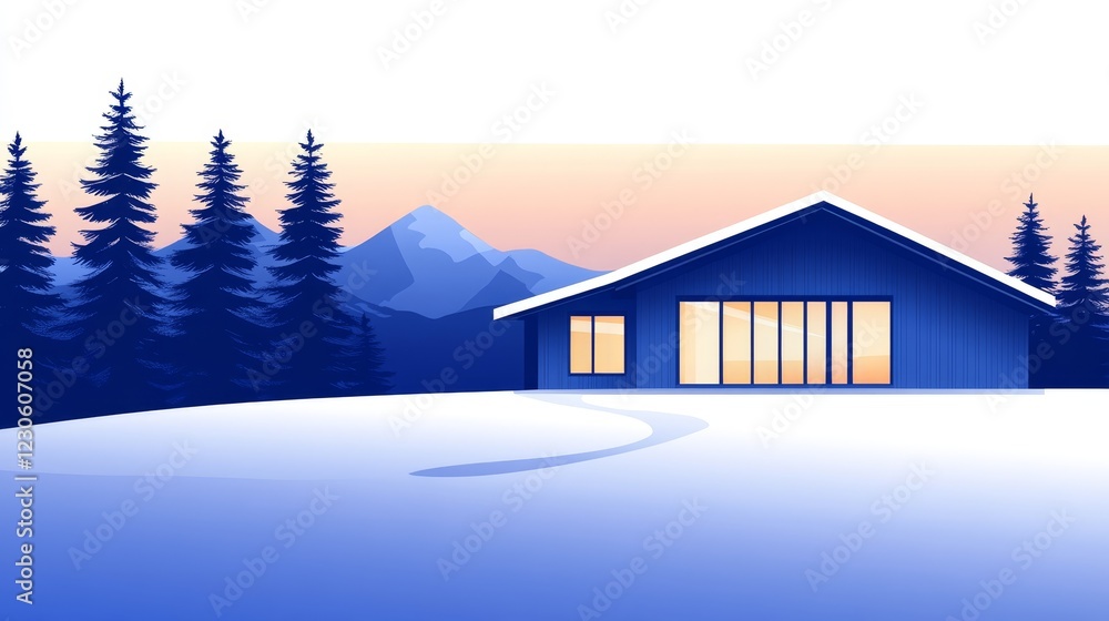 Cozy blue cabin surrounded by snow-covered trees and mountains at sunset, evoking tranquility Cozy blue cabin surrounded by snow-covered trees and mountains at sunset, evoking tranquility