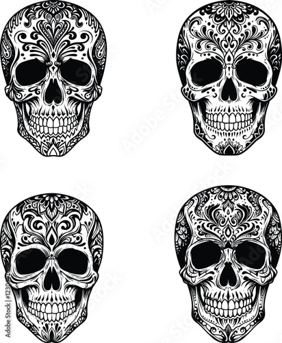 Artistic design of a black and white sugar skull adorned with floral patterns, Ideal for Day of the Dead or Halloween-themed projects, tattoos, and decorative items