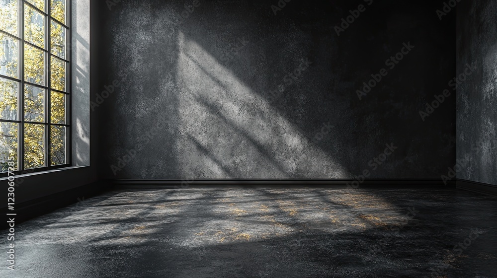 An empty room with a large window, sunlight streaming in and casting shadows on the floor. An empty room with a large window, sunlight streaming in and casting shadows on the floor.