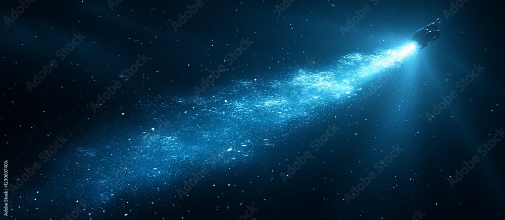 A futuristic spacecraft traveling through a starry galaxy, leaving a trail of luminous particles A futuristic spacecraft traveling through a starry galaxy, leaving a trail of luminous particles