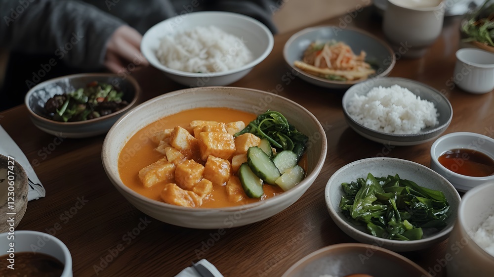 Delicious Tofu Curry with Rice and Sides Asian Cuisine Meal Delicious Tofu Curry with Rice and Sides Asian Cuisine Meal