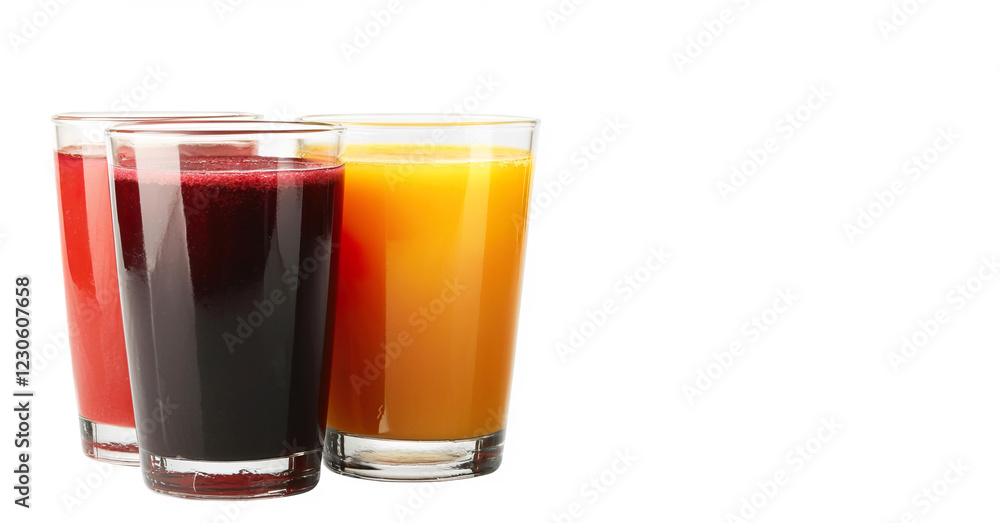 Fresh Juice Selection in Colorful Glasses on White Background Fresh Juice Selection in Colorful Glasses on White Background