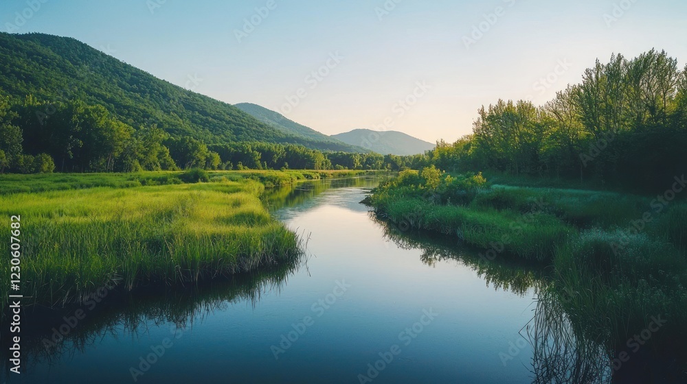 Serene river flowing through lush green valley at sunset. Serene river flowing through lush green valley at sunset.