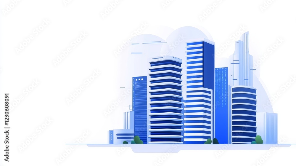 Modern city skyline with blue skyscrapers and minimalist design, featuring green trees in foreground Modern city skyline with blue skyscrapers and minimalist design, featuring green trees in foreground