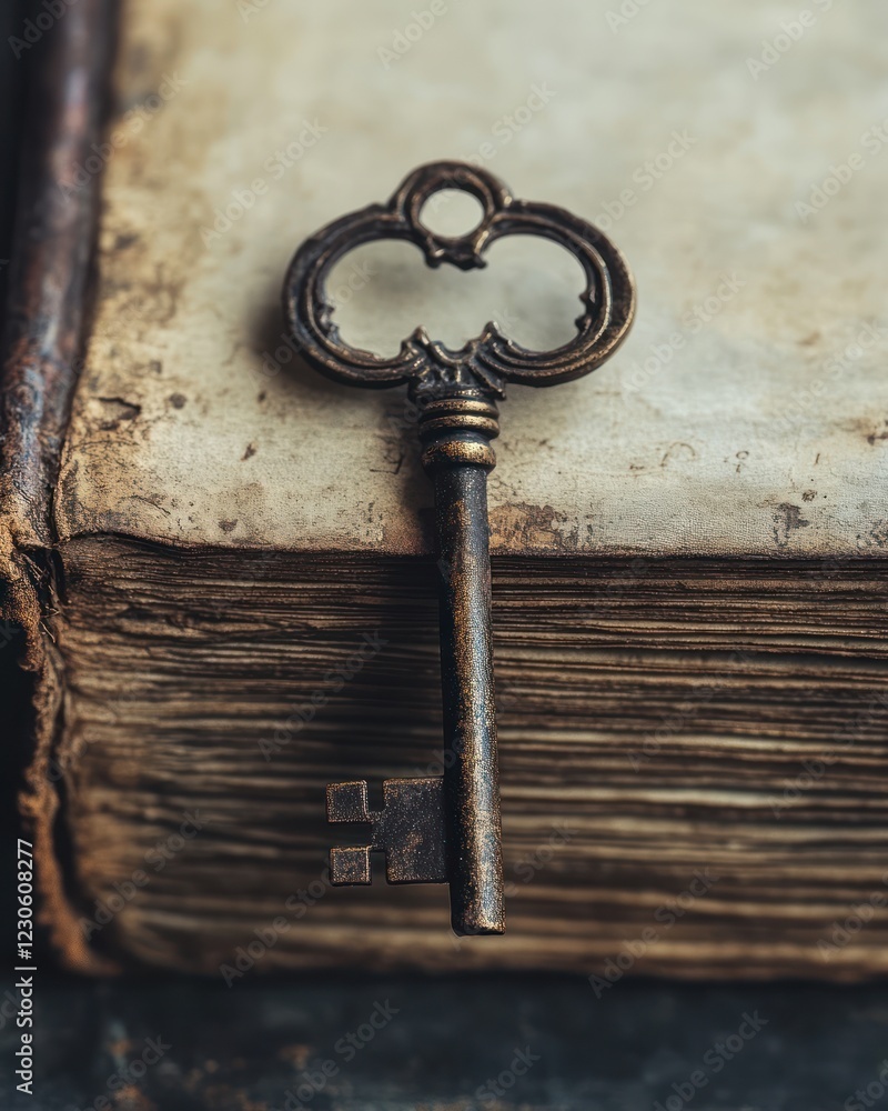Antique Key on Aged Book, Dark Background, Secret Knowledge Antique Key on Aged Book, Dark Background, Secret Knowledge