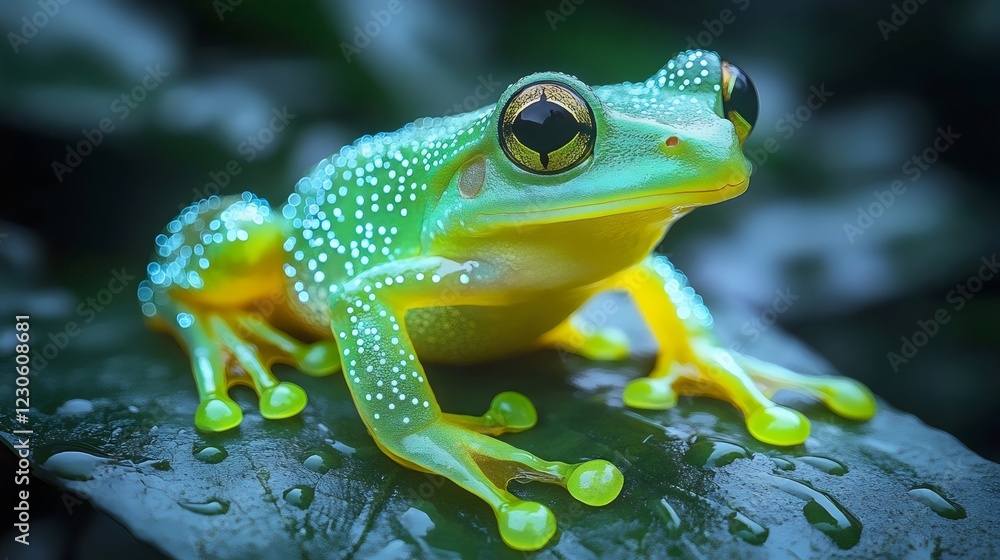 Naklejka premium A frog with green and yellow spots is sitting on a leaf