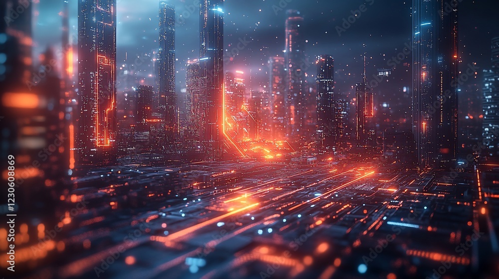 Futuristic cityscape at dusk with glowing neon lights and digital elements in the background Futuristic cityscape at dusk with glowing neon lights and digital elements in the background