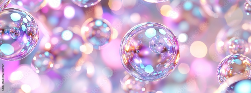 A 3D render showcasing an abstract pastel pink and blue background filled with iridescent magical air bubbles, set against a wallpaper featuring glass balls or water drops A 3D render showcasing an abstract pastel pink and blue background filled with iridescent magical air bubbles, set against a wallpaper featuring glass balls or water drops