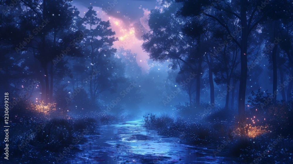 A forest with a river running through it A forest with a river running through it
