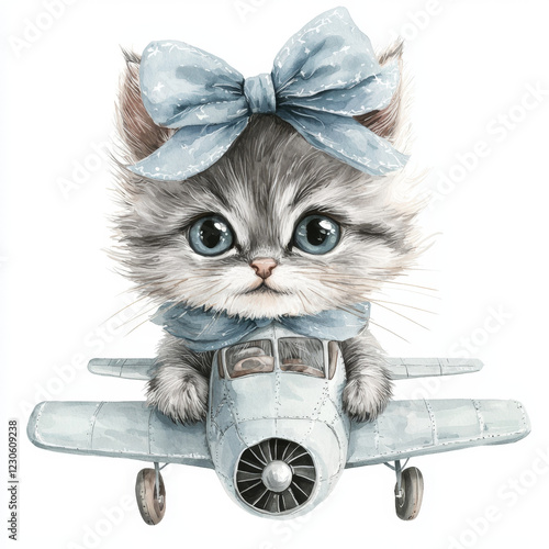 Cute kitten pilot in a small plane wearing a blue bow.