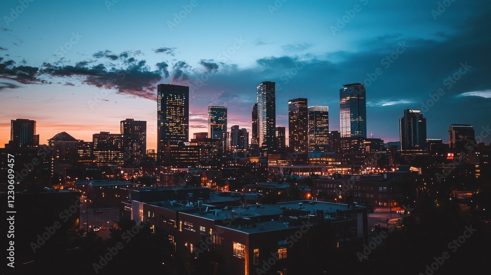 Obraz premium Cityscape at twilight, urban skyline with buildings illuminated at sunset.