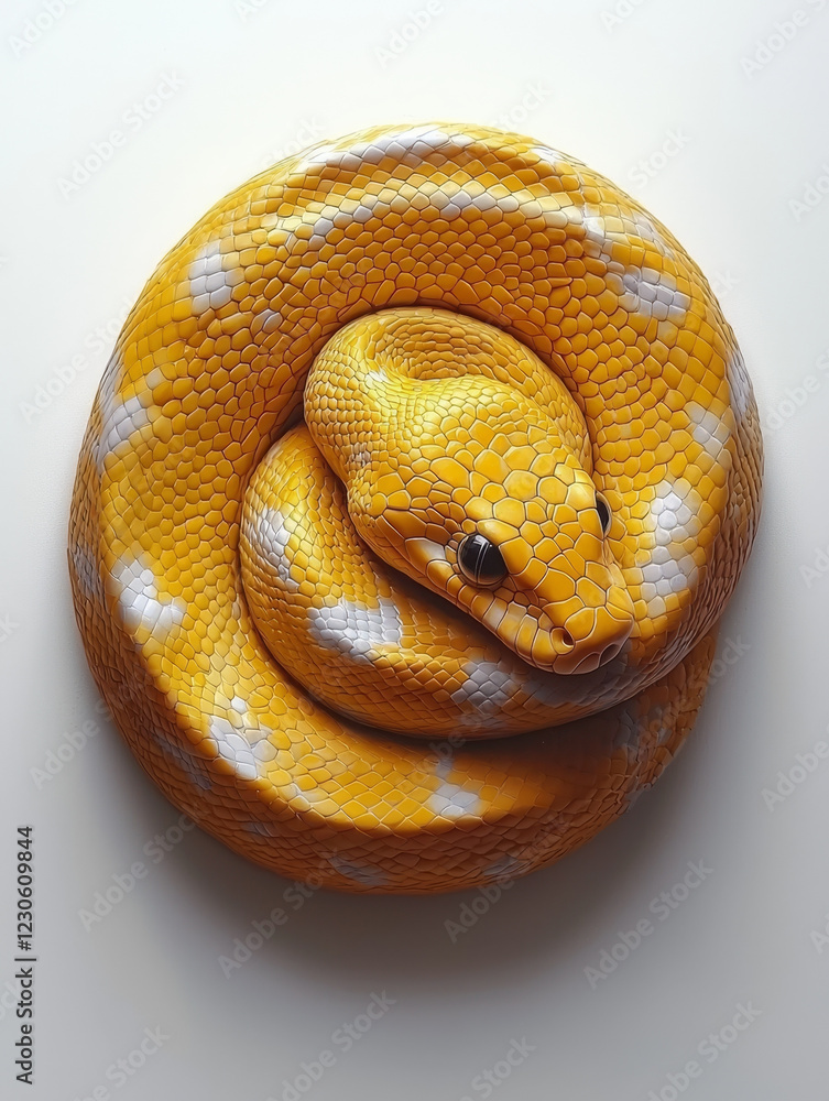 Fototapeta premium Golden snake coiled, pale markings, textured scales.