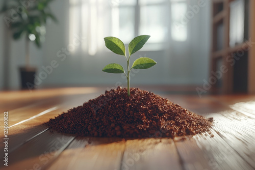 New life: A seedling emerges from rich soil, bathed in sunlight. photo