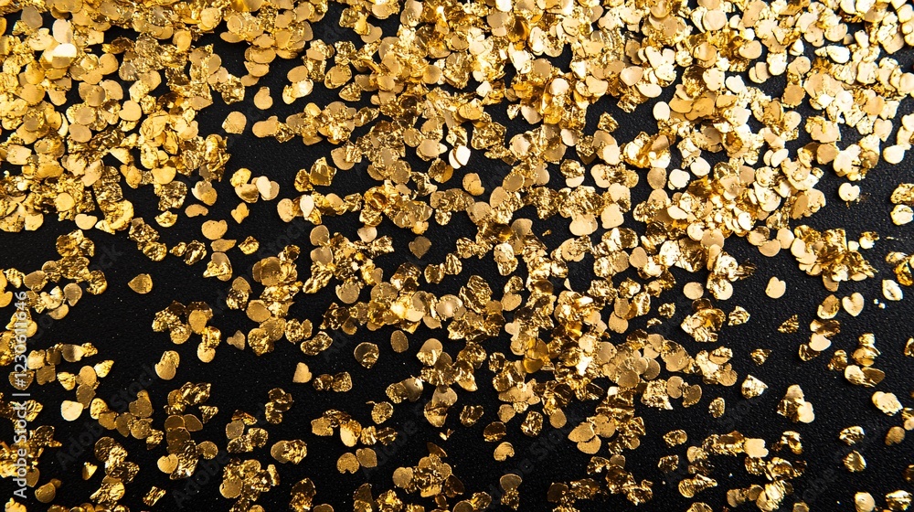 A stunning close-up of shiny gold confetti scattered on a dark background, perfect for celebrations. A stunning close-up of shiny gold confetti scattered on a dark background, perfect for celebrations.