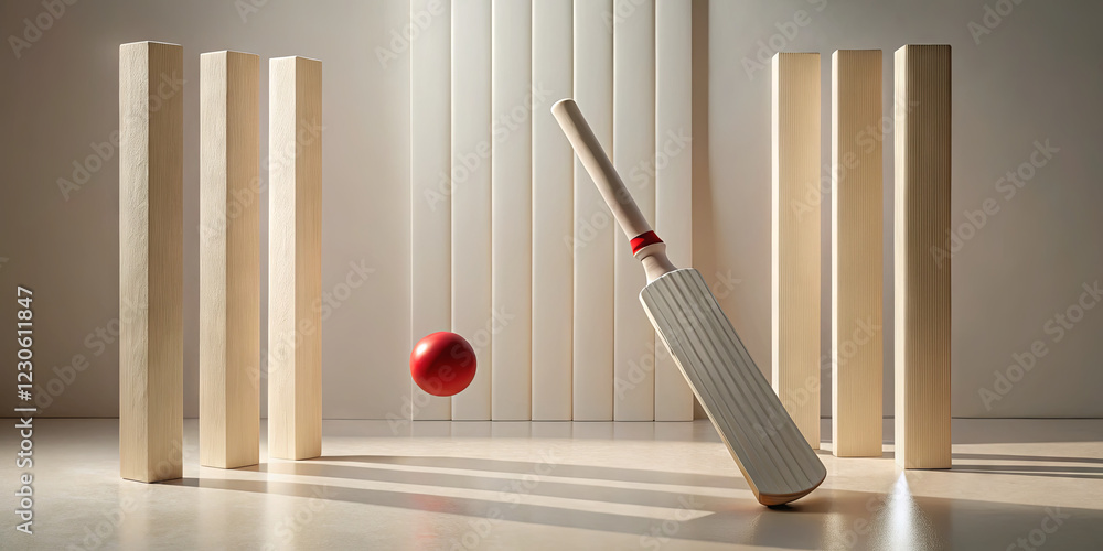 A cricket bat and red ball are positioned against a simple backdrop of wooden stumps and vertical lines. The scene captures a playful moment of the sport in a creative arrangement A cricket bat and red ball are positioned against a simple backdrop of wooden stumps and vertical lines. The scene captures a playful moment of the sport in a creative arrangement