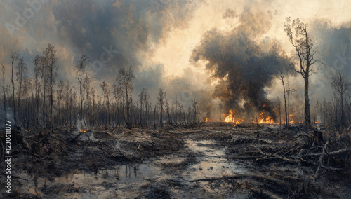 Wallpaper Mural Forest fire devastation: charred landscape, smoke-filled sky, burning trees. Torontodigital.ca