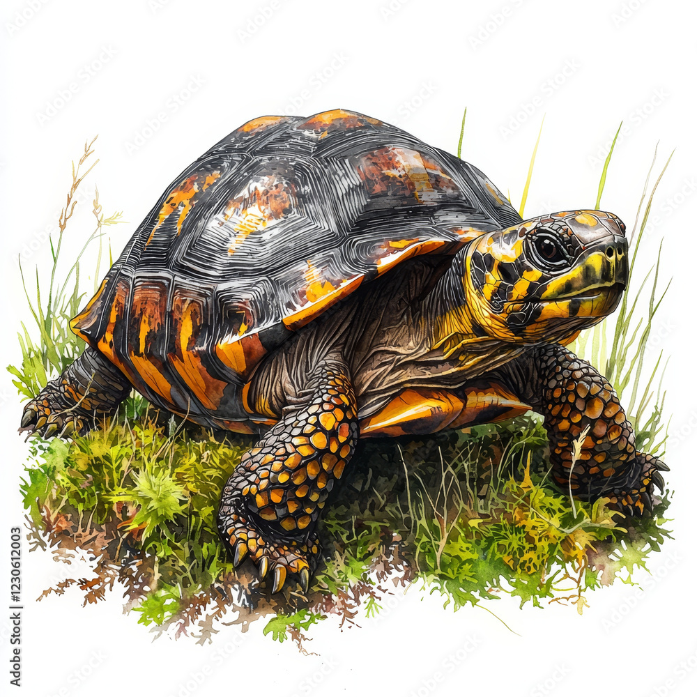Fototapeta premium Spectacular Tortoise in Vibrant Hues Amidst Lush Grass.
