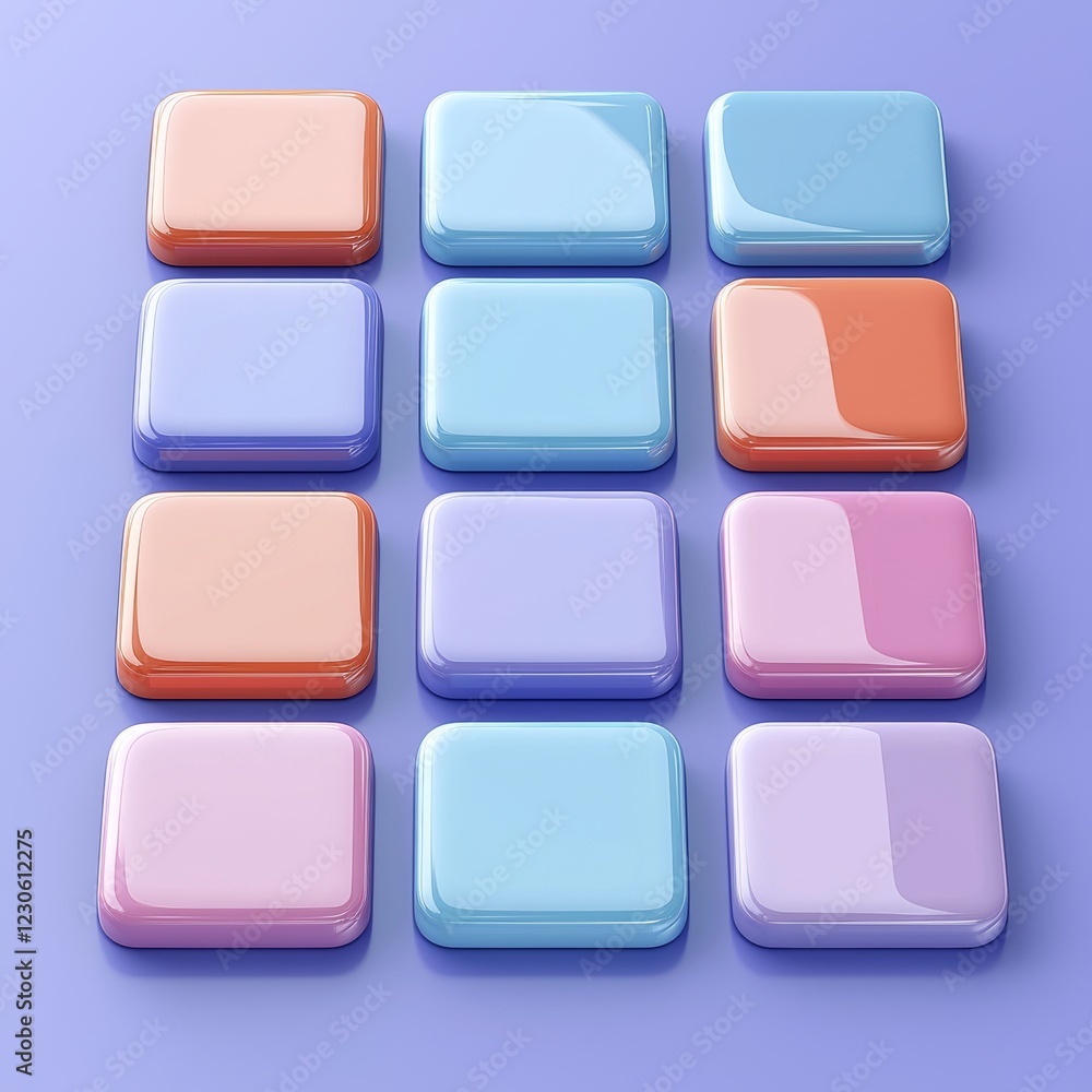 A set of app icons with superellipse designs, complemented by glossy, contemporary backgrounds. 3D squircle buttons with neon holographic gradients and lifelike soft shadows, ideal for web and mobile