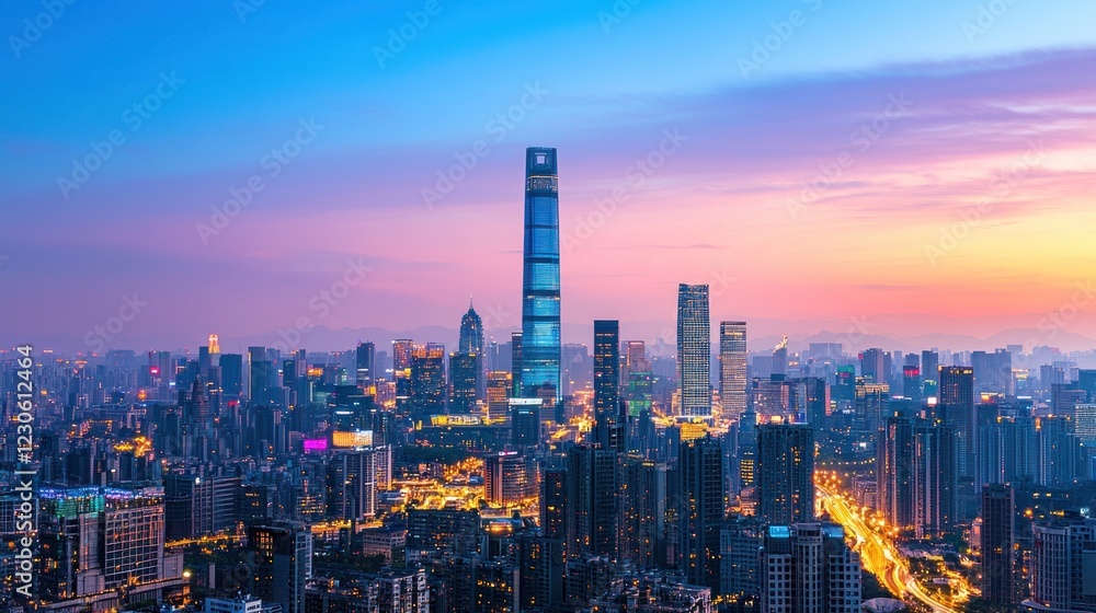 Fototapeta premium Stunning sunset cityscape panorama with skyscrapers.