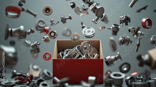 Multiple spare parts emerging from a box against a gray background. Isolated auto parts scattered on a gray backdrop.
