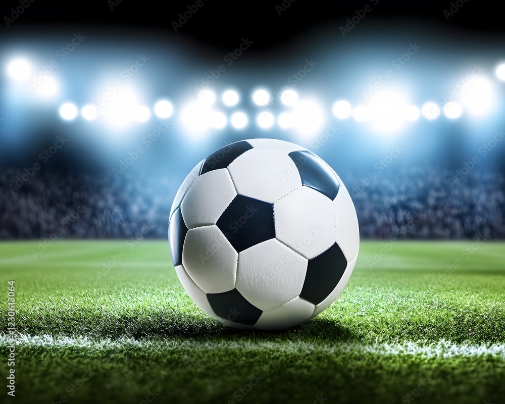 Fototapeta premium Soccer Ball on Stadium Field Night Game