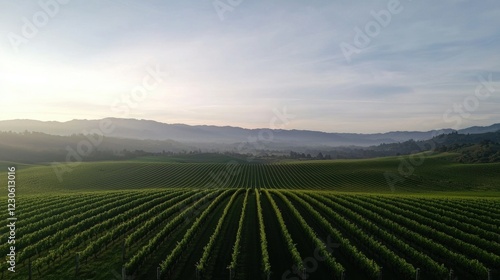 Vast landscape of a vineyard with rows of grapevines in the foreground and mountains in the background.