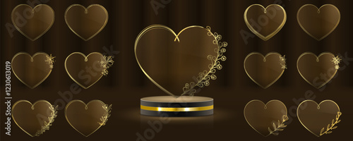Set of realistic transparent glass hearts, featuring gold matte and glossy variations, isolated on a luxurious dark background. A premium vector illustration perfect for love-themed designs