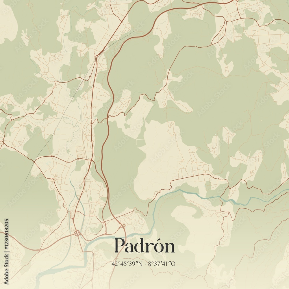 Fototapeta premium Retro Spanish map of Padr�n, Galicia. Vintage street map.