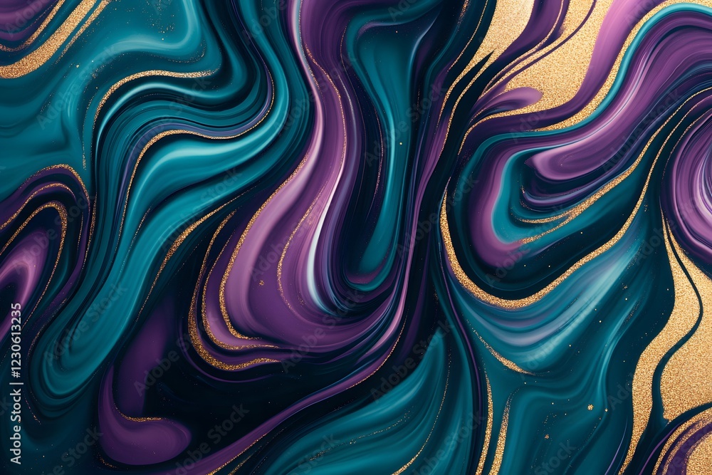 Fototapeta premium Abstract Fluid Art Teal Purple Gold Swirls Marble Texture Background