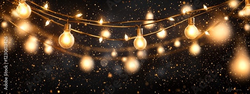 Glittering golden star and light wave. Christmas holiday banner with glowing particles. Sparkling gold bokeh. Luxury background. Magic star effect. Festive party atmosphere. Twinkling flash. Fairy