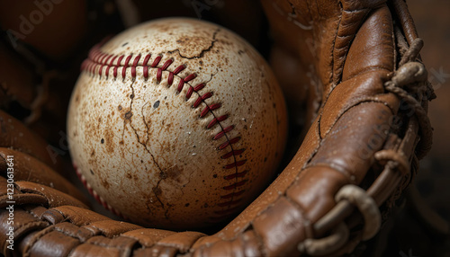 A vintage baseball, marked with scuffs and dirt, sits nestled in a cracked leather glove. Sunlight highlights the textures, evoking nostalgia for summer games and outdoor fun photo