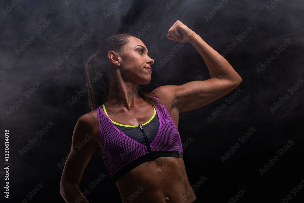 Obraz premium Confident woman flexing bicep in sporty attire against a dark smoky background