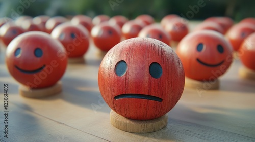 Dissatisfied consumers depicted by red wooden sad face emoticons representing customer dissatisfaction and service rating issues photo