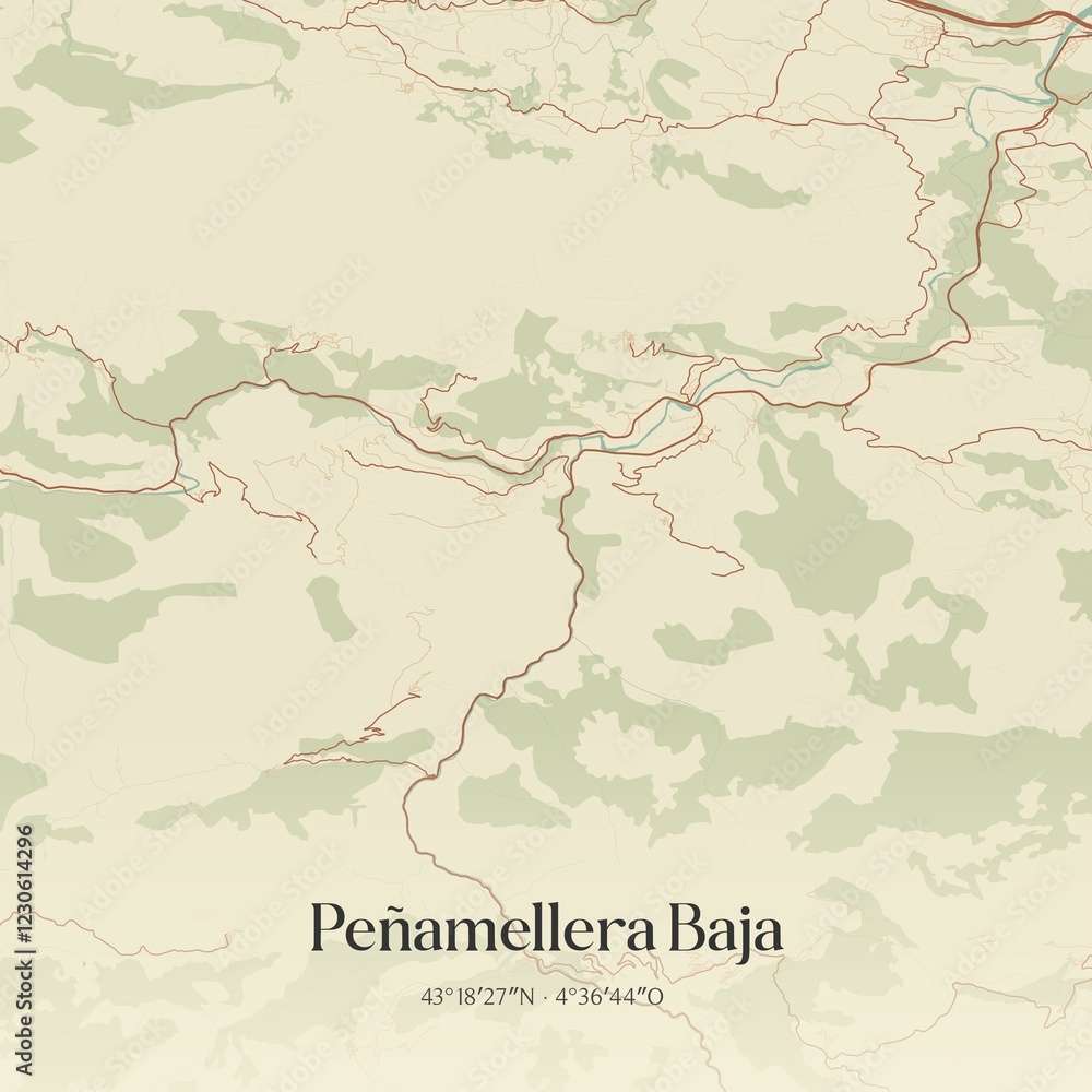 Naklejka premium Retro Spanish map of Pe�amellera Baja, Principado de Asturias. Vintage street map.