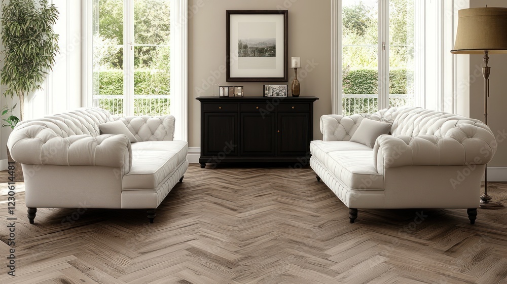 Elegant Living Room with White Sofas and Herringbone Floor Elegant Living Room with White Sofas and Herringbone Floor