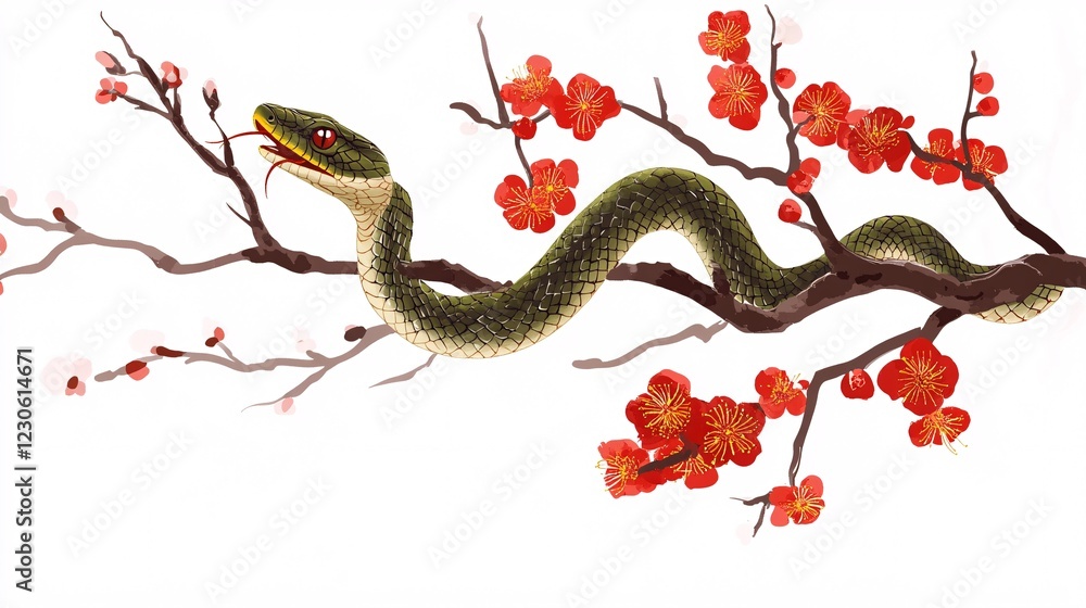 Obraz premium A green snake gracefully rests on a branch adorned with vibrant red blossoms.
