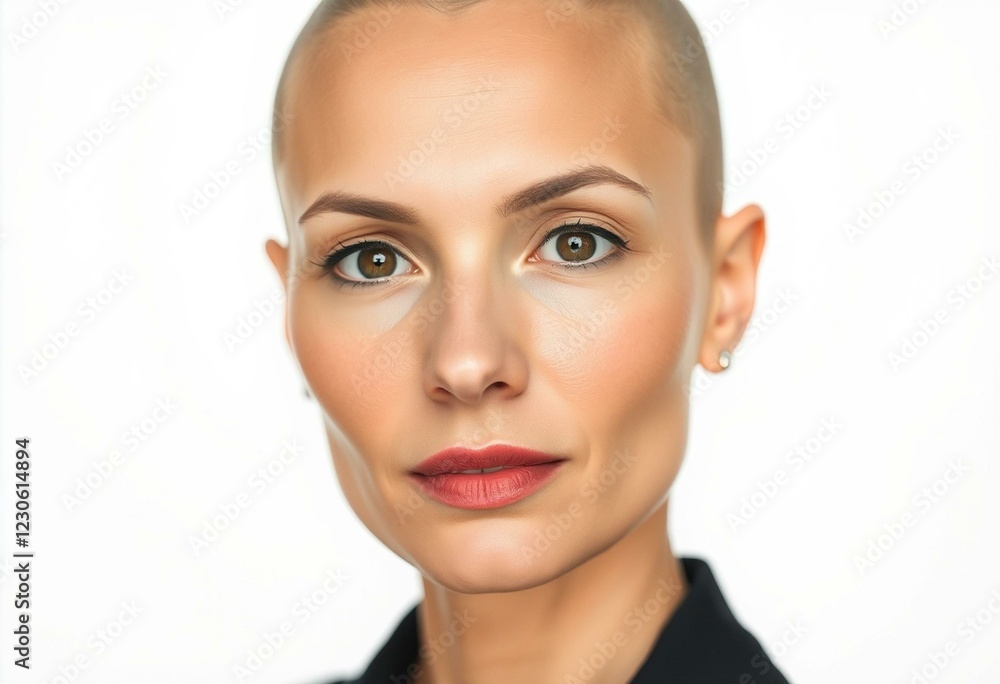 Photorealistic portrait of a bald woman with a neutral expression Photorealistic portrait of a bald woman with a neutral expression