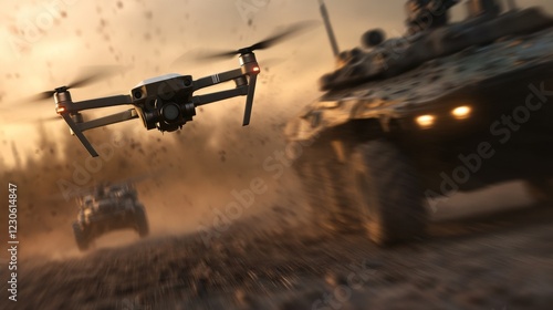 Military drones engage in tactical operations during a dusty sunset in a war zone