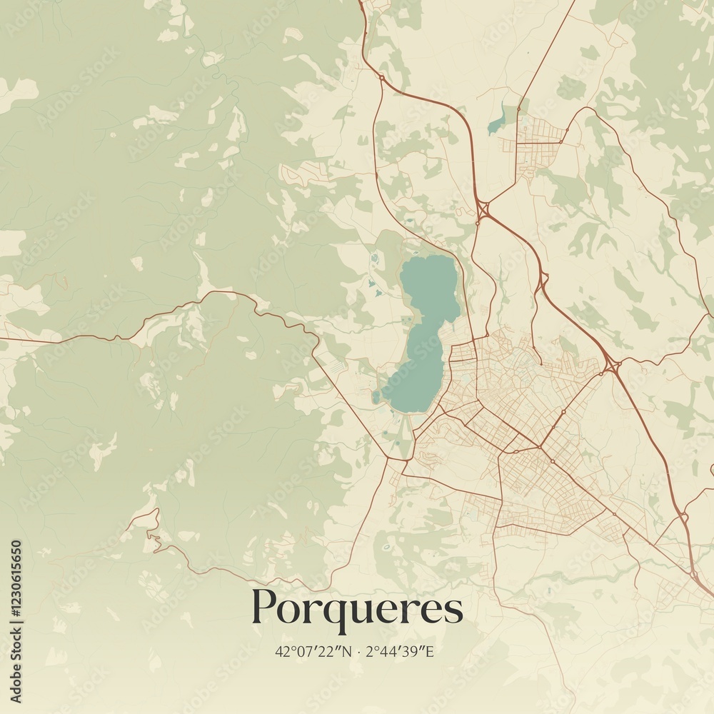 Fototapeta premium Retro Spanish map of Porqueres, Catalu�a. Vintage street map.